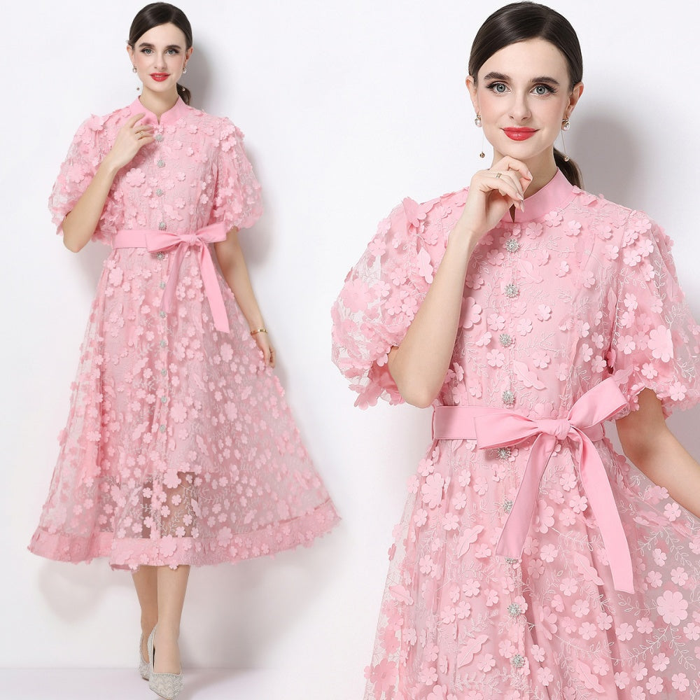 CM-DY069437 Women Elegant European Style Stand Collar Short Slleeve Embroidery A-Line Dress - Pink