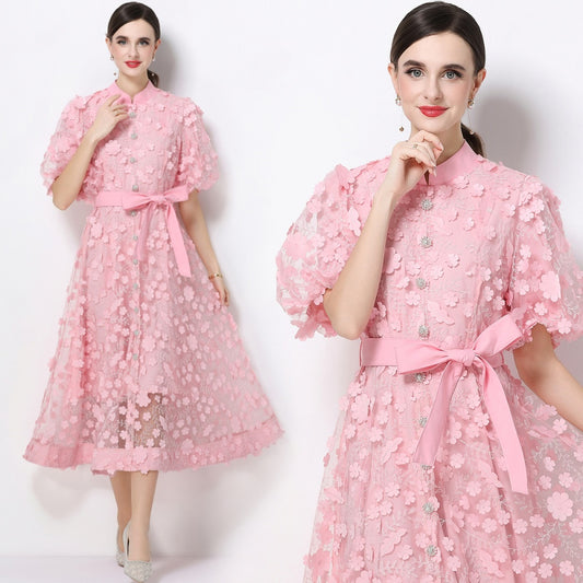 CM-DY069437 Women Elegant European Style Stand Collar Short Slleeve Embroidery A-Line Dress - Pink