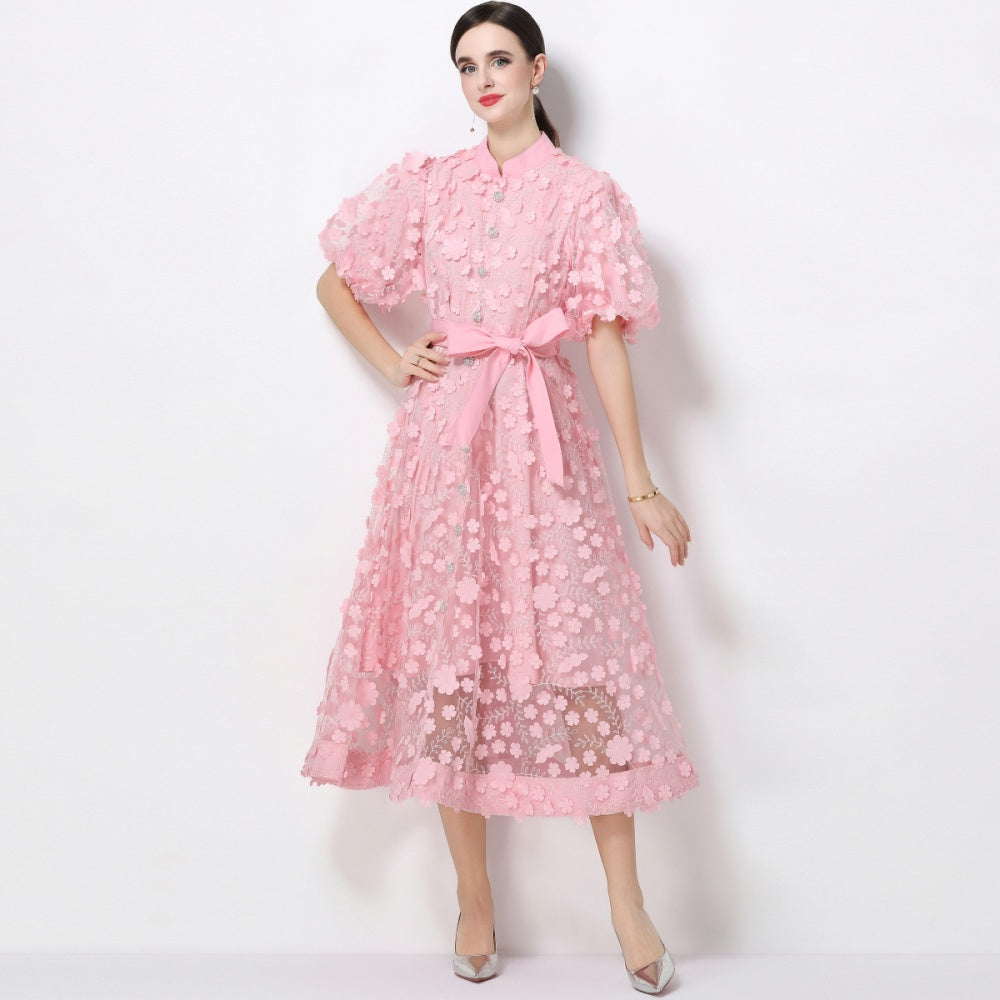 CM-DY069437 Women Elegant European Style Stand Collar Short Slleeve Embroidery A-Line Dress - Pink