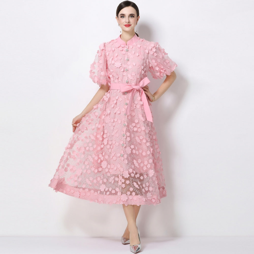 CM-DY069437 Women Elegant European Style Stand Collar Short Slleeve Embroidery A-Line Dress - Pink