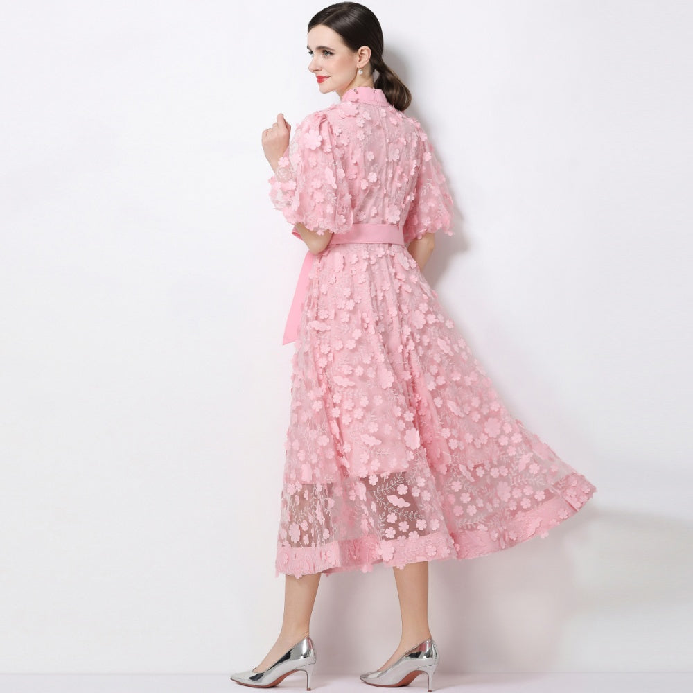 CM-DY069437 Women Elegant European Style Stand Collar Short Slleeve Embroidery A-Line Dress - Pink