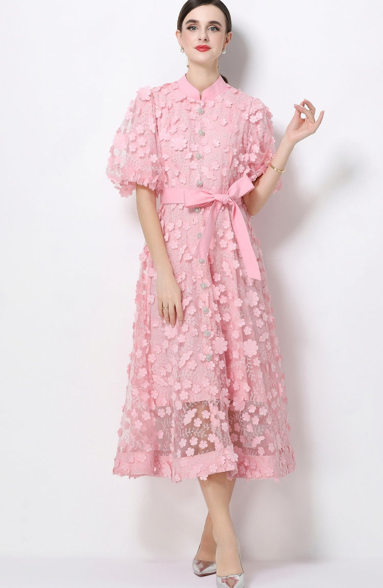 CM-DY069437 Women Elegant European Style Stand Collar Short Slleeve Embroidery A-Line Dress - Pink