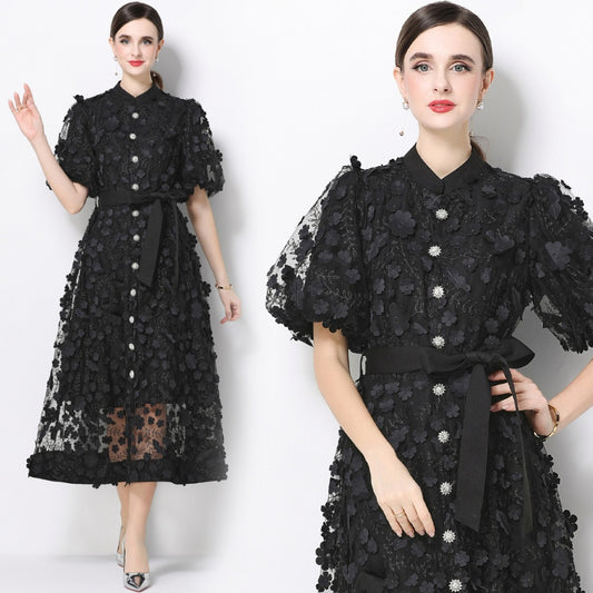 CM-DY069438 Women Elegant European Style Stand Collar Short Slleeve Embroidery A-Line Dress - Black