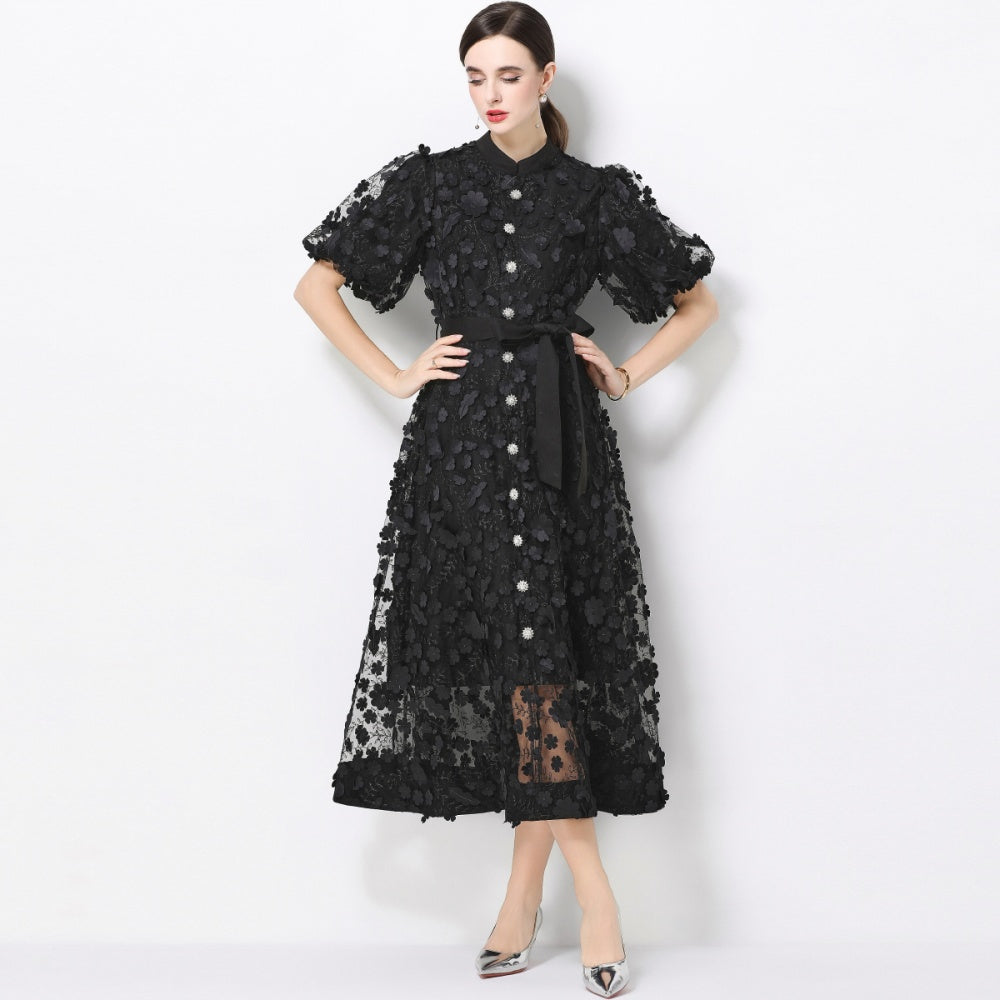 CM-DY069438 Women Elegant European Style Stand Collar Short Slleeve Embroidery A-Line Dress - Black