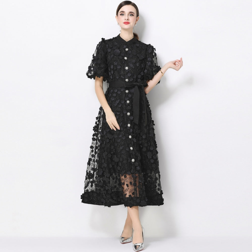CM-DY069438 Women Elegant European Style Stand Collar Short Slleeve Embroidery A-Line Dress - Black