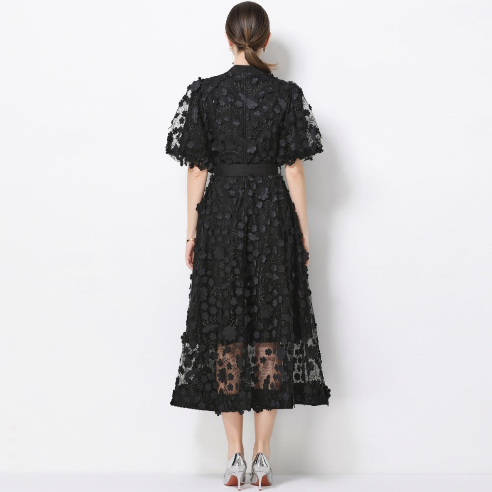 CM-DY069438 Women Elegant European Style Stand Collar Short Slleeve Embroidery A-Line Dress - Black