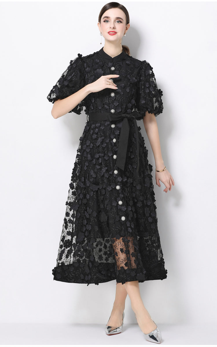 CM-DY069438 Women Elegant European Style Stand Collar Short Slleeve Embroidery A-Line Dress - Black
