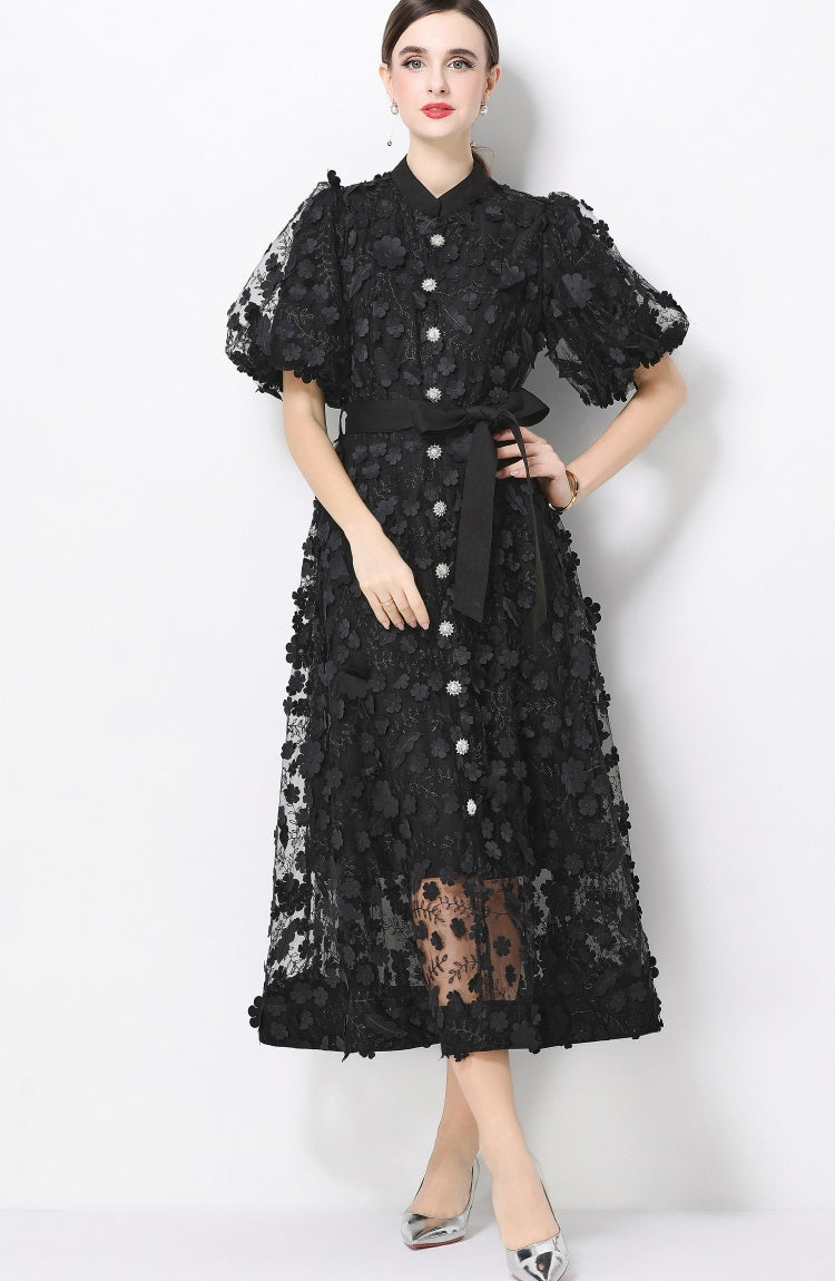 CM-DY069438 Women Elegant European Style Stand Collar Short Slleeve Embroidery A-Line Dress - Black