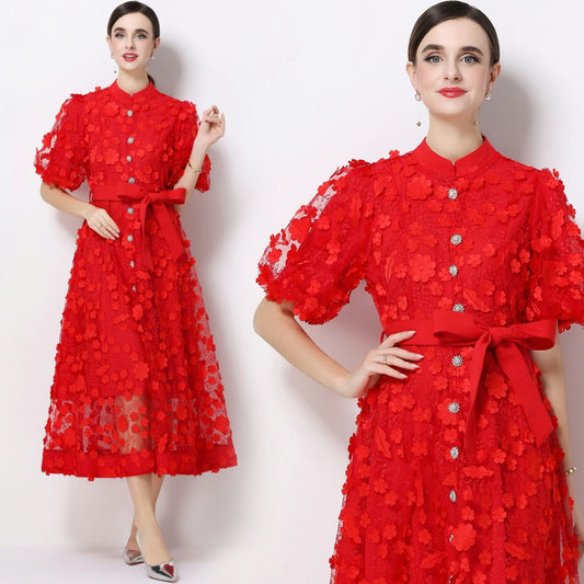 CM-DY069439 Women Elegant European Style Stand Collar Short Slleeve Embroidery A-Line Dress - Red