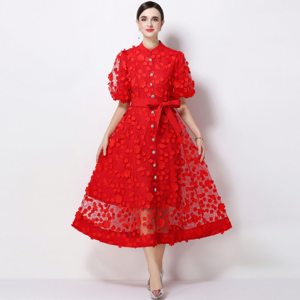 CM-DY069439 Women Elegant European Style Stand Collar Short Slleeve Embroidery A-Line Dress - Red