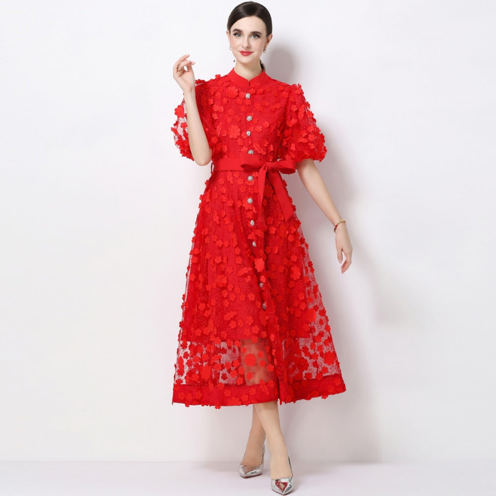 CM-DY069439 Women Elegant European Style Stand Collar Short Slleeve Embroidery A-Line Dress - Red