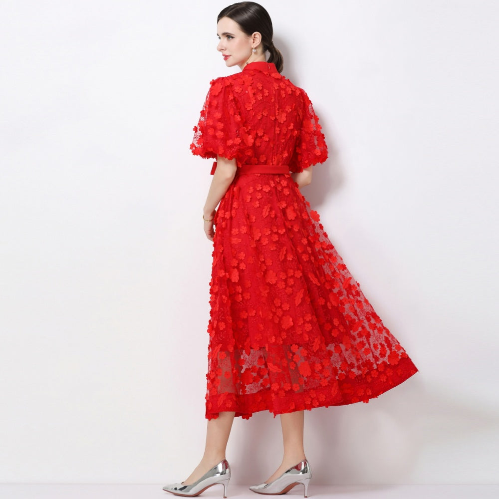 CM-DY069439 Women Elegant European Style Stand Collar Short Slleeve Embroidery A-Line Dress - Red