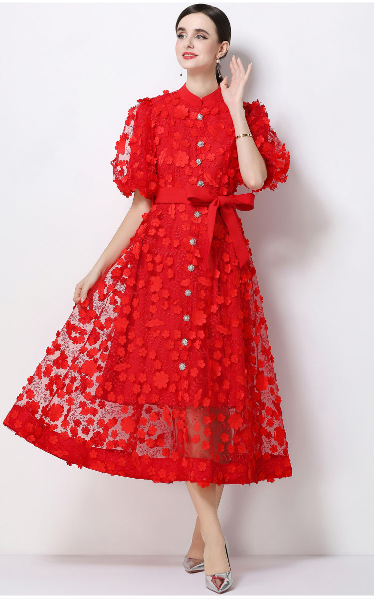 CM-DY069439 Women Elegant European Style Stand Collar Short Slleeve Embroidery A-Line Dress - Red