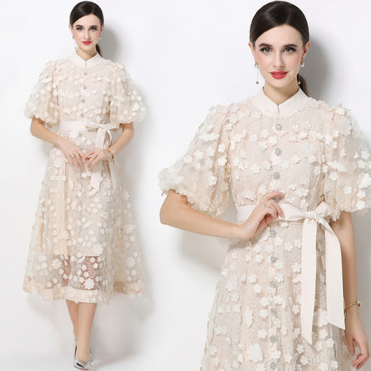 CM-DY069440 Women Elegant European Style Stand Collar Short Slleeve Embroidery A-Line Dress - Apricot