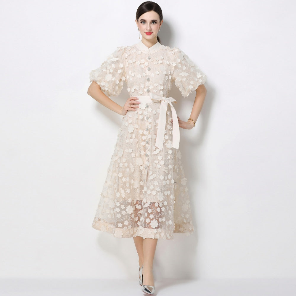 CM-DY069440 Women Elegant European Style Stand Collar Short Slleeve Embroidery A-Line Dress - Apricot
