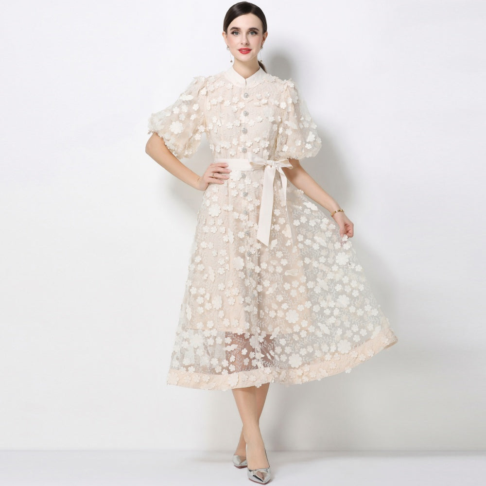 CM-DY069440 Women Elegant European Style Stand Collar Short Slleeve Embroidery A-Line Dress - Apricot