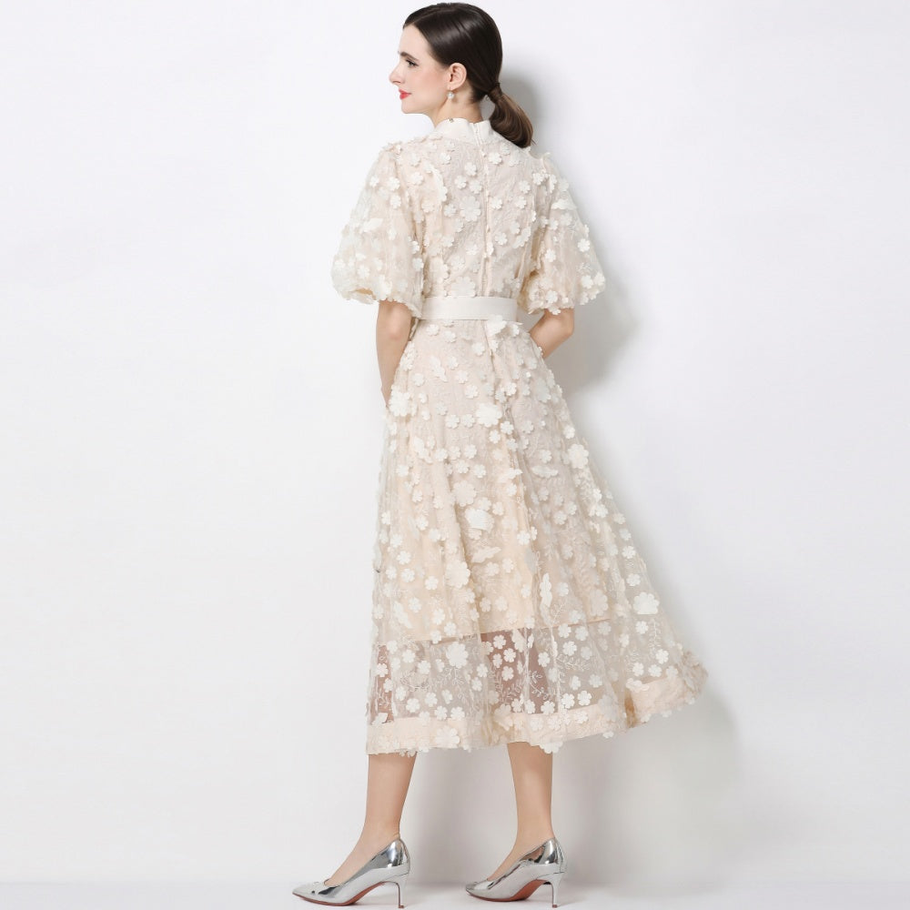 CM-DY069440 Women Elegant European Style Stand Collar Short Slleeve Embroidery A-Line Dress - Apricot