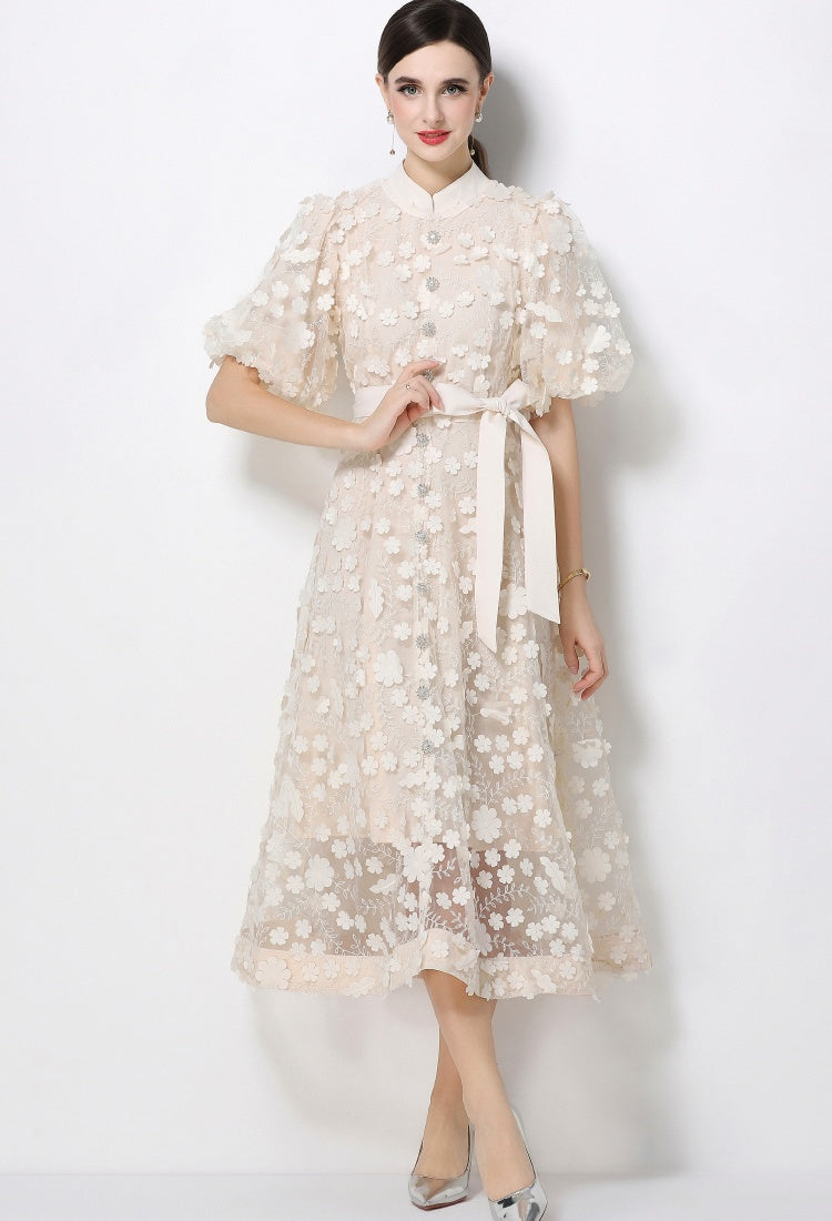CM-DY069440 Women Elegant European Style Stand Collar Short Slleeve Embroidery A-Line Dress - Apricot