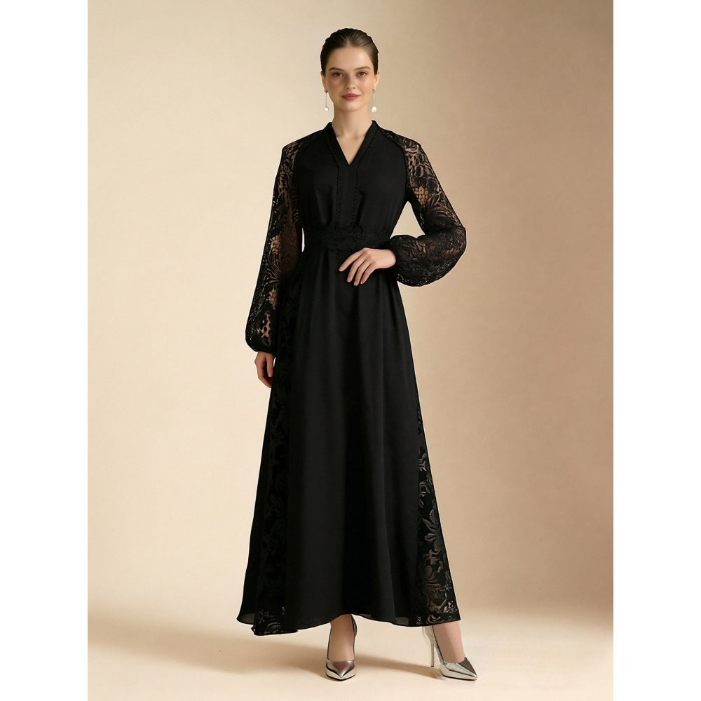 CM-DY069581 Women Elegant European Style Lace V-Neck Lantern Sleeve Long Dress - Black