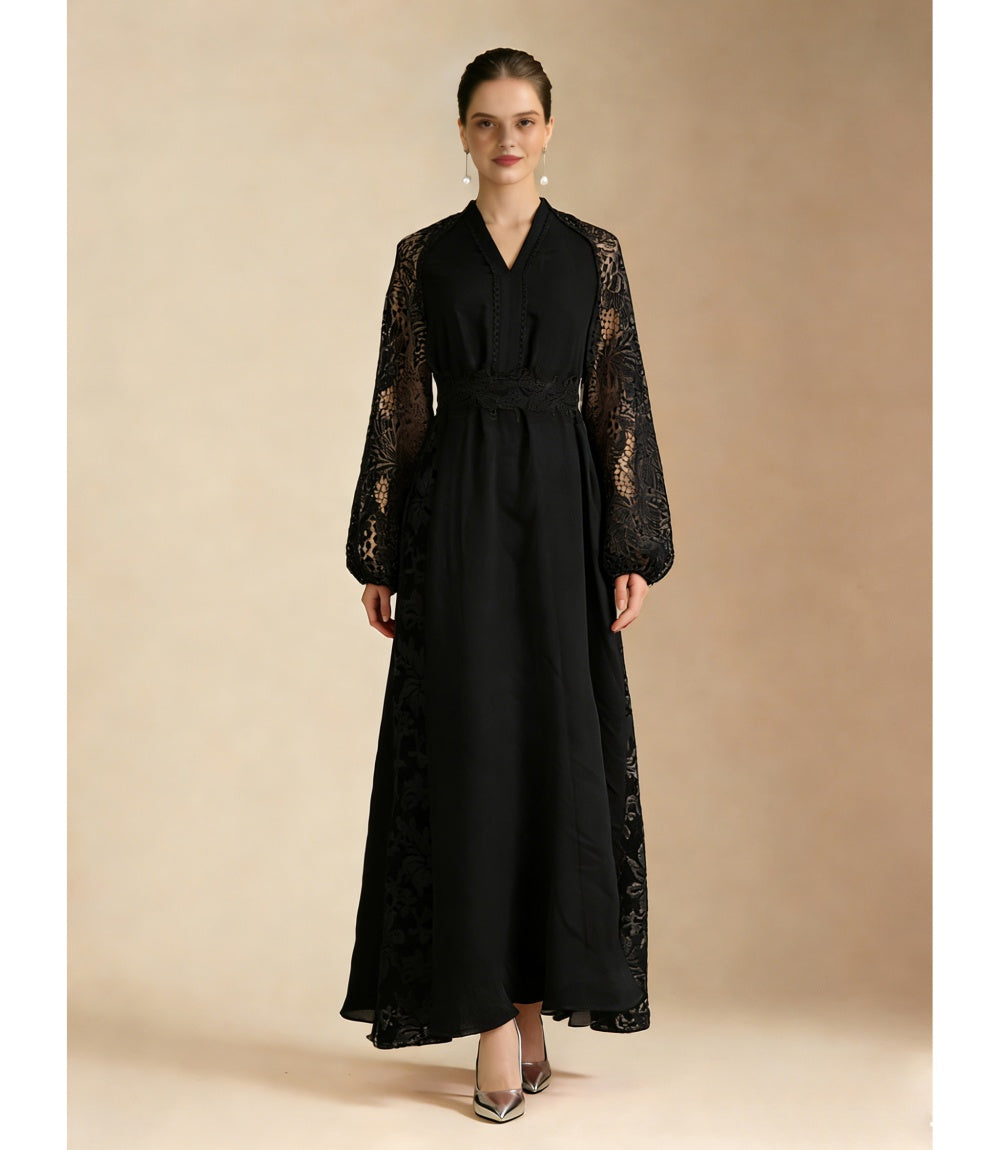 CM-DY069581 Women Elegant European Style Lace V-Neck Lantern Sleeve Long Dress - Black