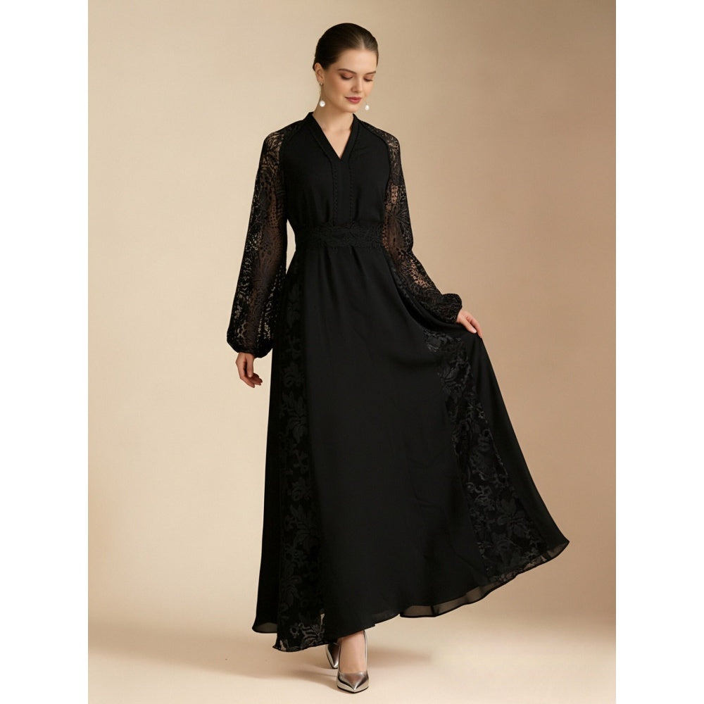 CM-DY069581 Women Elegant European Style Lace V-Neck Lantern Sleeve Long Dress - Black