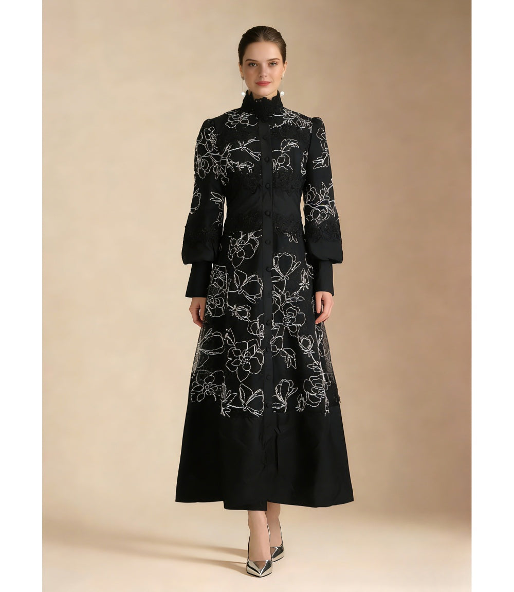 CM-DY069583 Women Elegant European Style Stand Collar Long Sleeve Pinched Waist Maxi Dress - Black