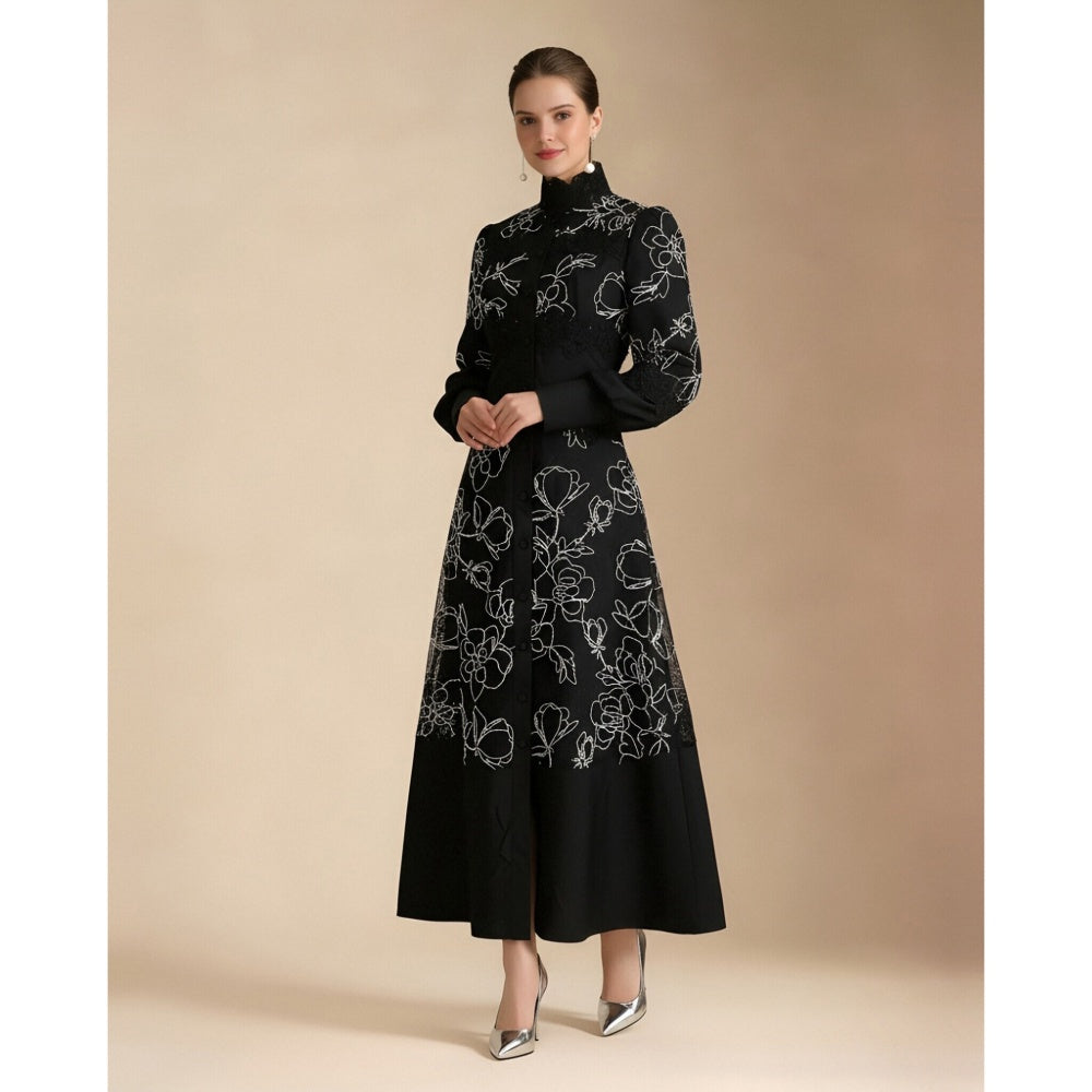 CM-DY069583 Women Elegant European Style Stand Collar Long Sleeve Pinched Waist Maxi Dress - Black