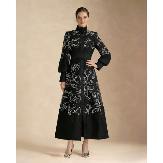 CM-DY069583 Women Elegant European Style Stand Collar Long Sleeve Pinched Waist Maxi Dress - Black