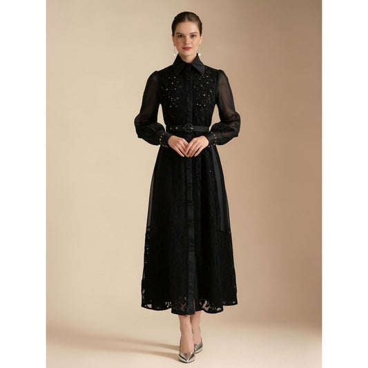 CM-DY069585 Women Elegant European Style Coillar Neckline Long Sleeve Lace Stereoscopic Maxi Dress - Black