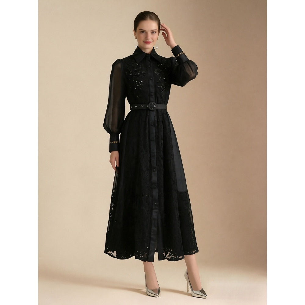CM-DY069585 Women Elegant European Style Coillar Neckline Long Sleeve Lace Stereoscopic Maxi Dress - Black