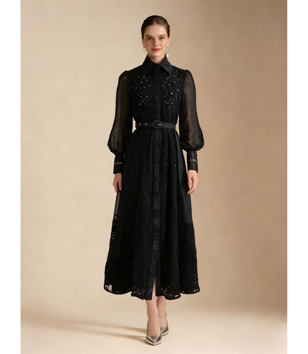 CM-DY069585 Women Elegant European Style Coillar Neckline Long Sleeve Lace Stereoscopic Maxi Dress - Black