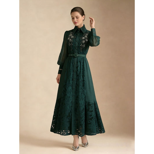 CM-DY069586 Women Elegant European Style Lace Embroidered Lapel Neckline Long Sleeve Maxi Dress - Dark Green