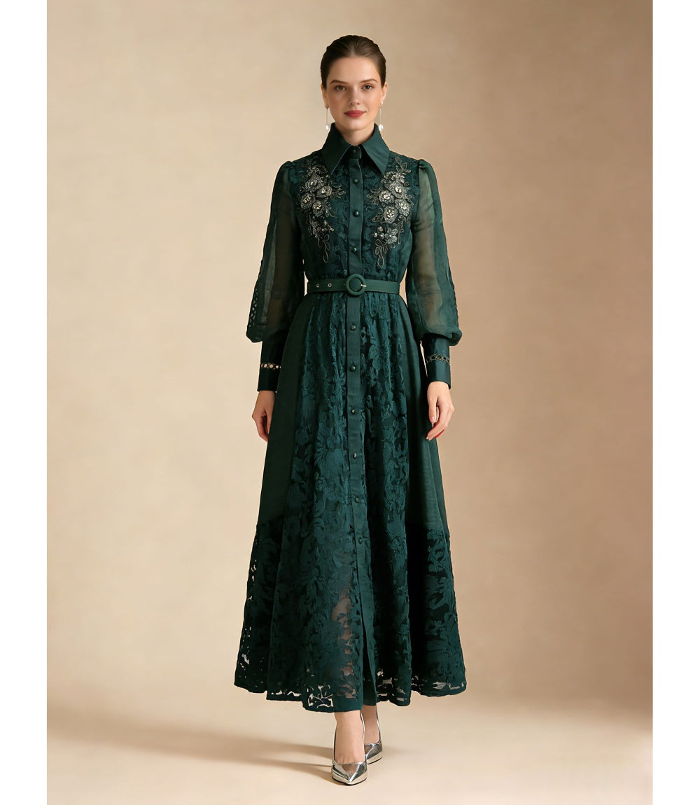 CM-DY069586 Women Elegant European Style Lace Embroidered Lapel Neckline Long Sleeve Maxi Dress - Dark Green