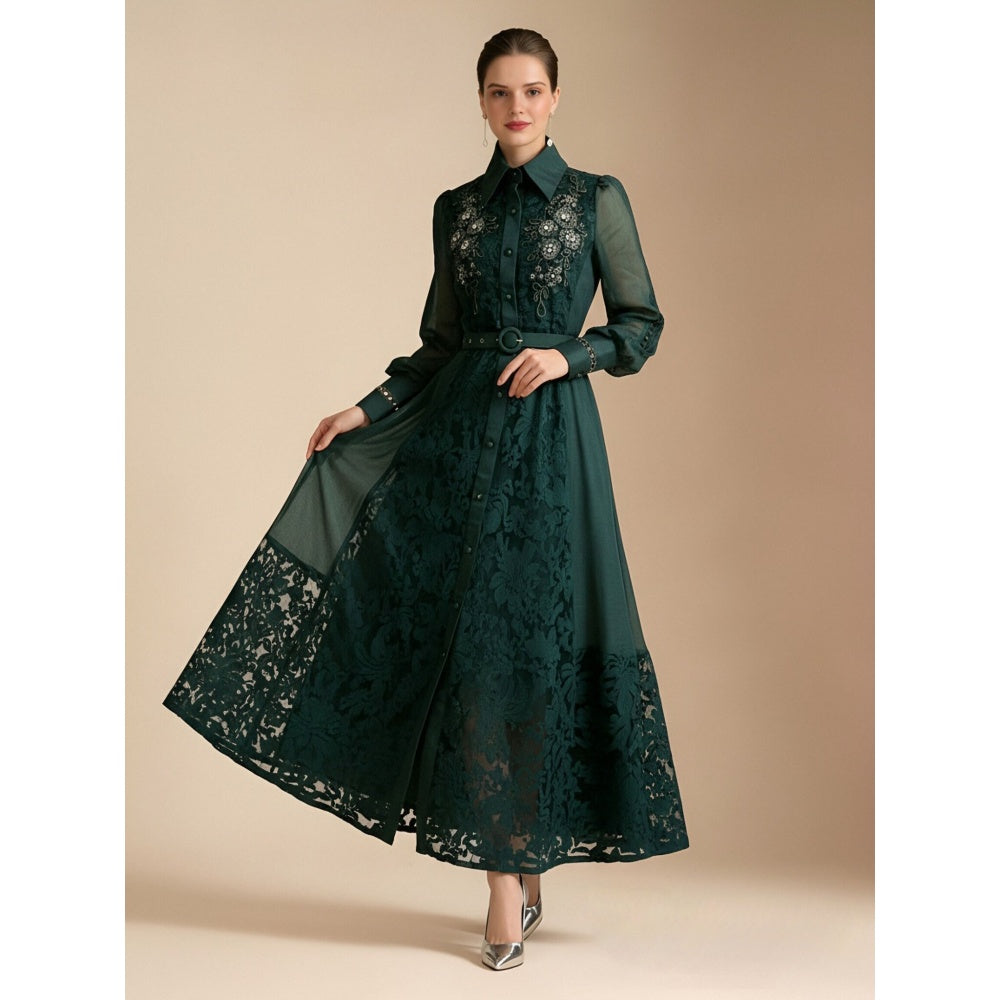 CM-DY069586 Women Elegant European Style Lace Embroidered Lapel Neckline Long Sleeve Maxi Dress - Dark Green