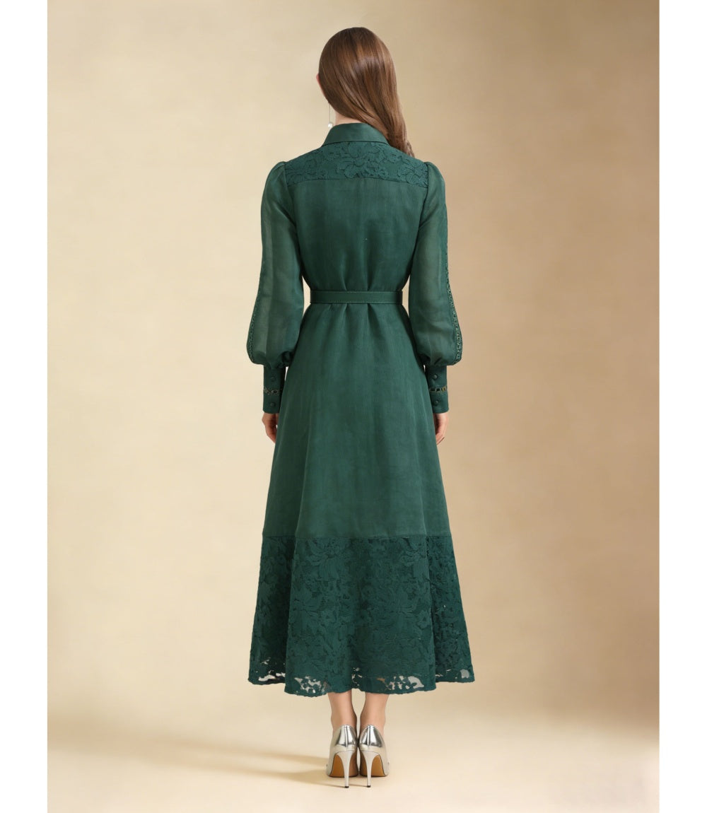 CM-DY069586 Women Elegant European Style Lace Embroidered Lapel Neckline Long Sleeve Maxi Dress - Dark Green