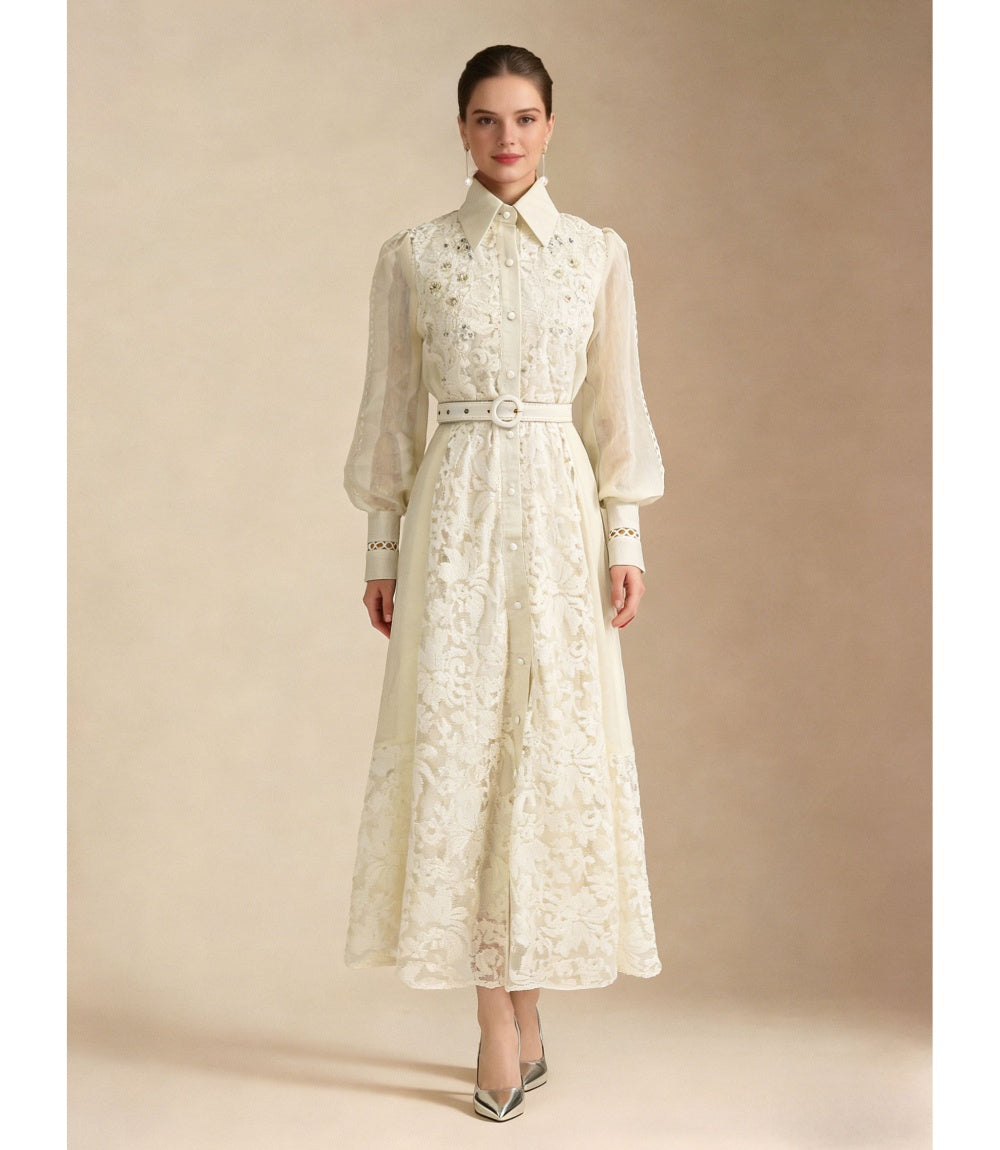 CM-DY069587 Women Elegant European Style Lace Embroidered Lapel Neckline Long Sleeve Maxi Dress - Apricot