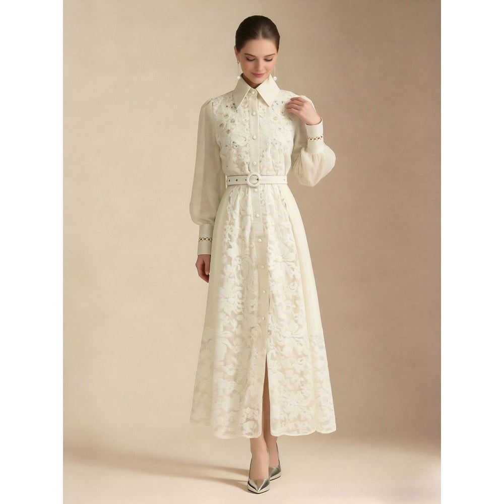 CM-DY069587 Women Elegant European Style Lace Embroidered Lapel Neckline Long Sleeve Maxi Dress - Apricot