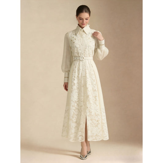 CM-DY069587 Women Elegant European Style Lace Embroidered Lapel Neckline Long Sleeve Maxi Dress - Apricot