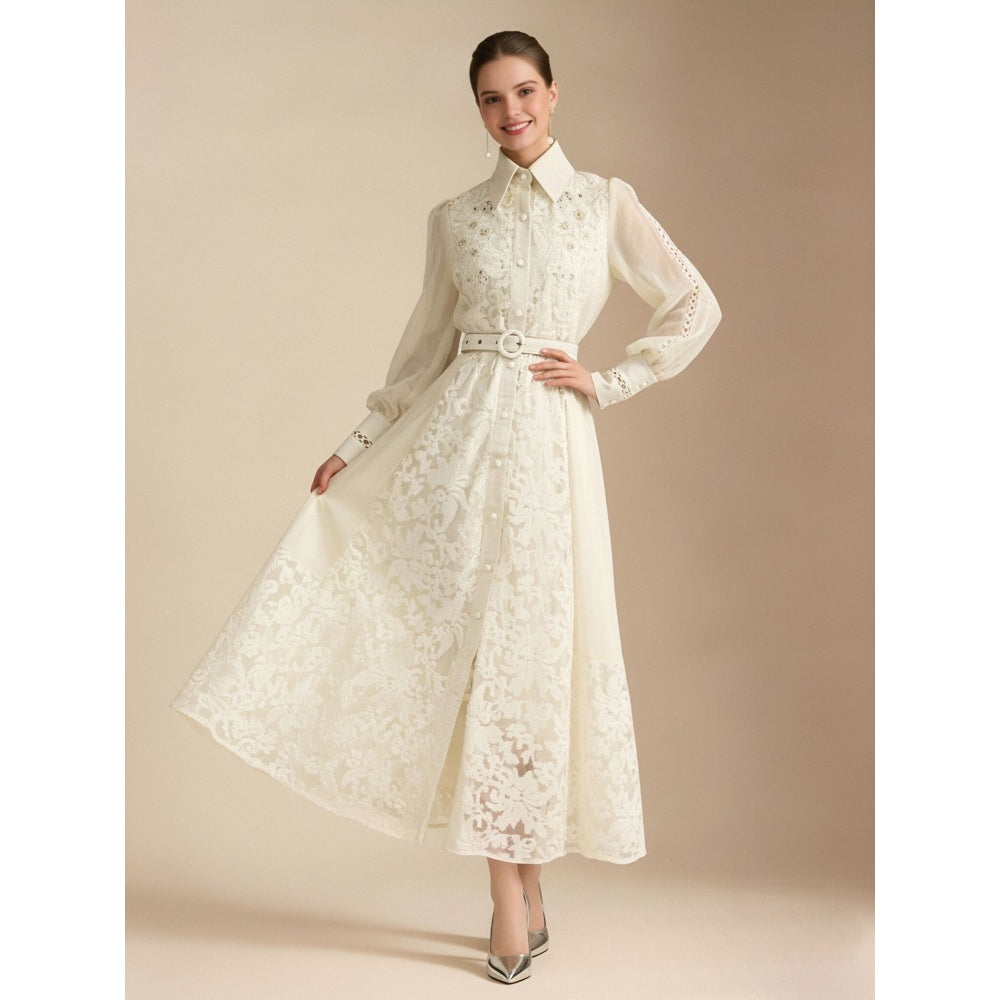 CM-DY069587 Women Elegant European Style Lace Embroidered Lapel Neckline Long Sleeve Maxi Dress - Apricot