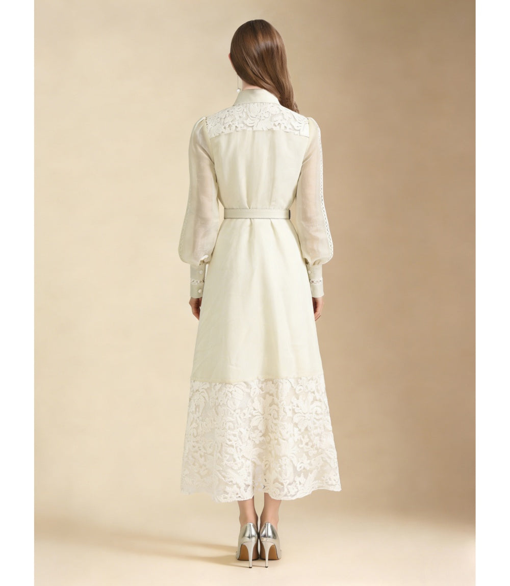 CM-DY069587 Women Elegant European Style Lace Embroidered Lapel Neckline Long Sleeve Maxi Dress - Apricot