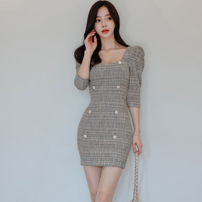 CM-DY069588 Women Elegant Seoul Style Square Neck Half Sleeve Double-Breasted Mini Dress