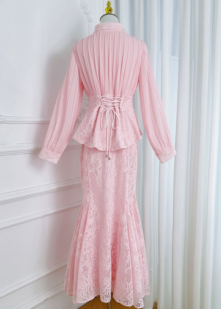CM-SY069940 Women Elegant European Style Collar Neckline Long Sleeve Blouse With Lace Mermaid Chiffon Skirt - Set