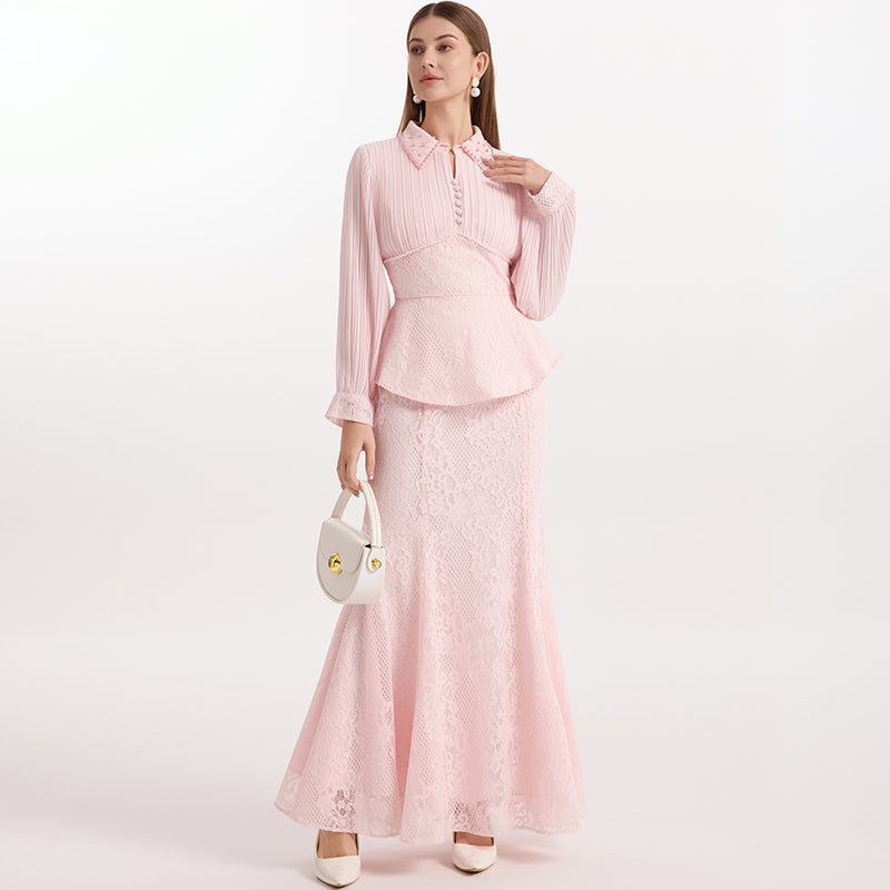 CM-SY069940 Women Elegant European Style Collar Neckline Long Sleeve Blouse With Lace Mermaid Chiffon Skirt - Set