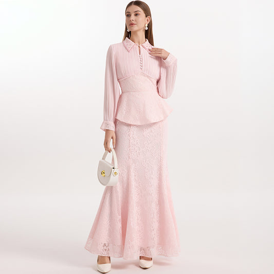 CM-SY069940 Women Elegant European Style Collar Neckline Long Sleeve Blouse With Lace Mermaid Chiffon Skirt - Set