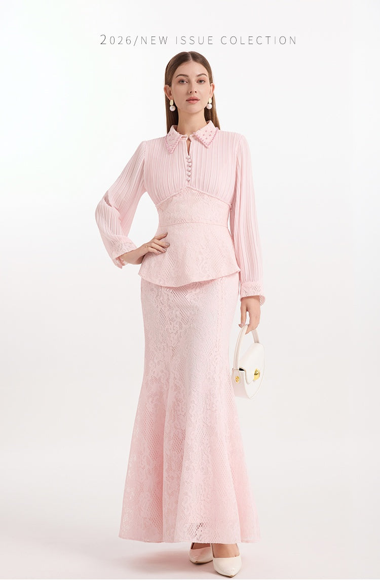 CM-SY069940 Women Elegant European Style Collar Neckline Long Sleeve Blouse With Lace Mermaid Chiffon Skirt - Set