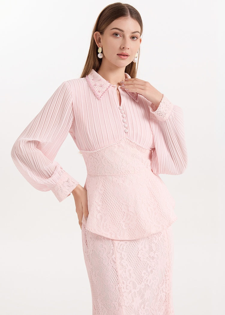 CM-SY069940 Women Elegant European Style Collar Neckline Long Sleeve Blouse With Lace Mermaid Chiffon Skirt - Set