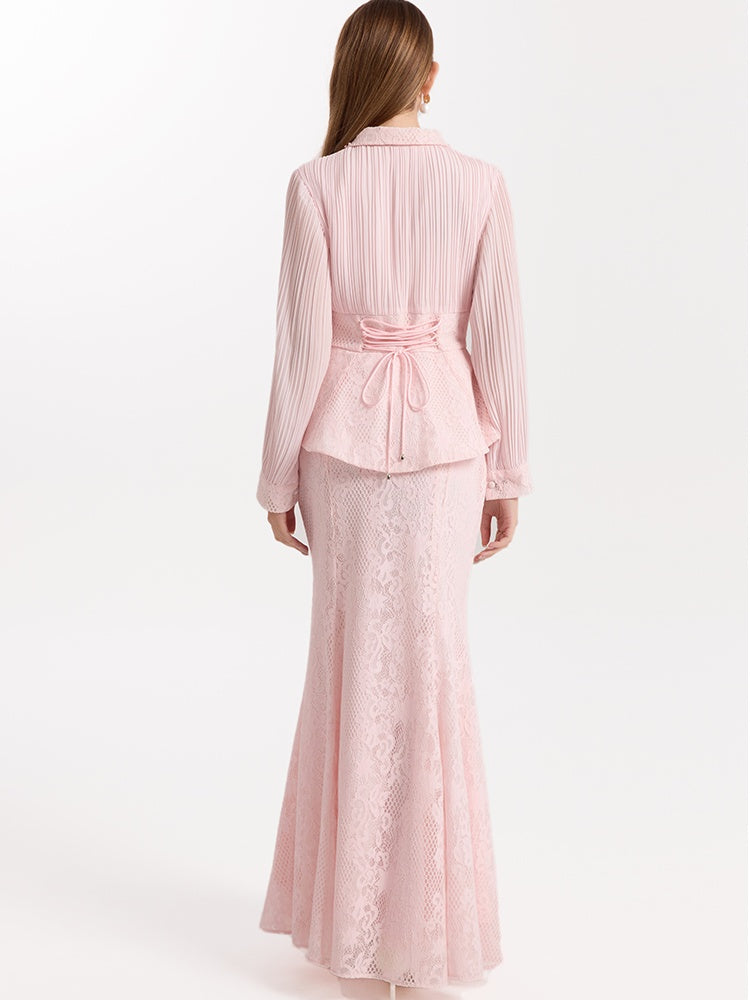 CM-SY069940 Women Elegant European Style Collar Neckline Long Sleeve Blouse With Lace Mermaid Chiffon Skirt - Set