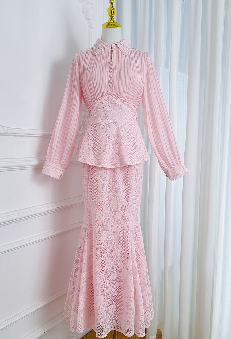 CM-SY069940 Women Elegant European Style Collar Neckline Long Sleeve Blouse With Lace Mermaid Chiffon Skirt - Set