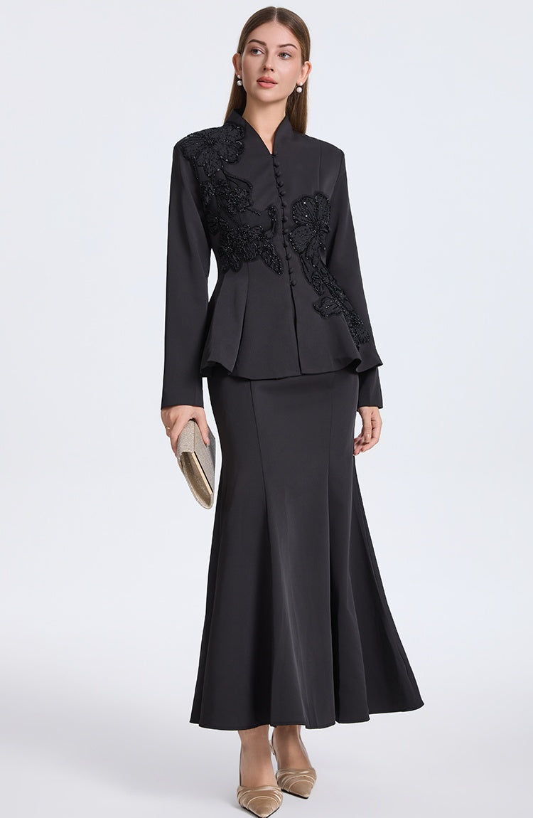 CM-SY069941 Women Elegant European Style V-Neck Long Sleeve Beads Decor Blouse With Mermaid Skirt - Set