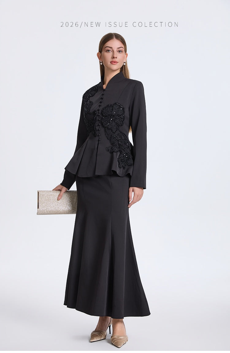 CM-SY069941 Women Elegant European Style V-Neck Long Sleeve Beads Decor Blouse With Mermaid Skirt - Set